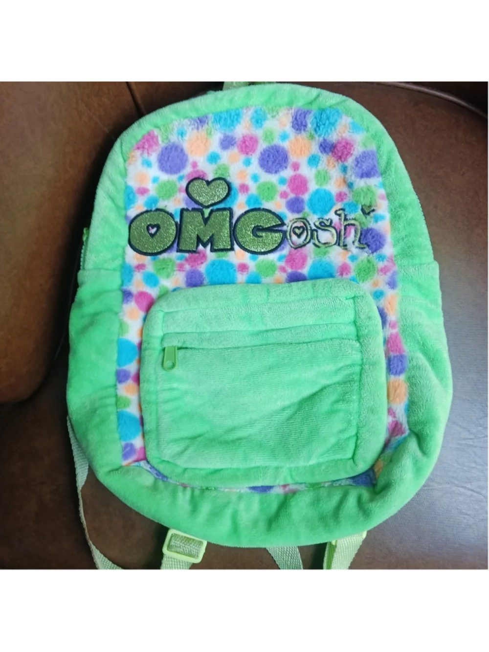 Pack Mates Kids Plush Backpack Bright Green OMGosh Zip Pouch Youth